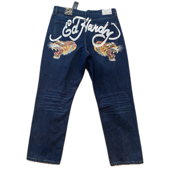 Ed Hardy Other - Ed Hardy Mens Loose Fit Embroidered Roaring Tiger Distressed Blue Jeans - Sz 40